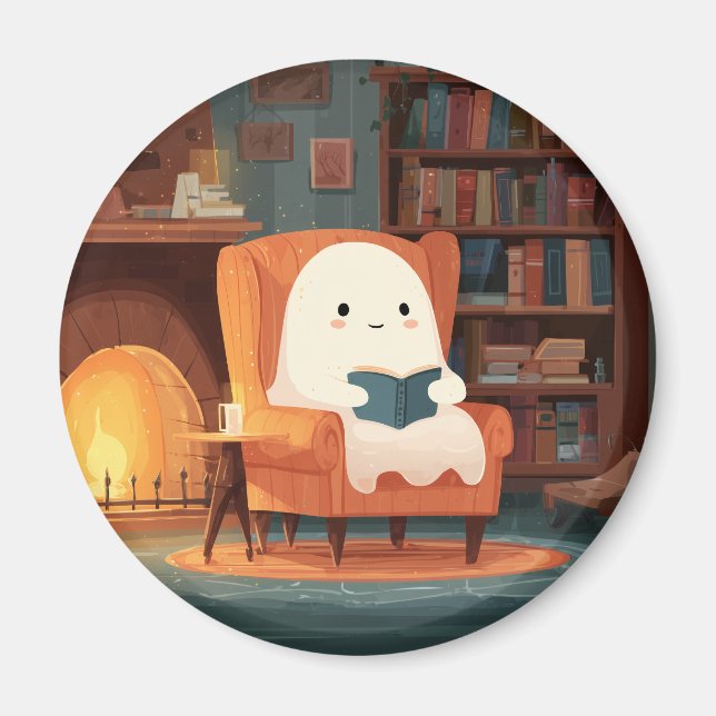 Cute Ghost Reading By A Cozy Fireplace - Magnet (Front)