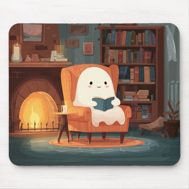 Cute Ghost Reading By A Cozy Fireplace - Mousepad (Front)