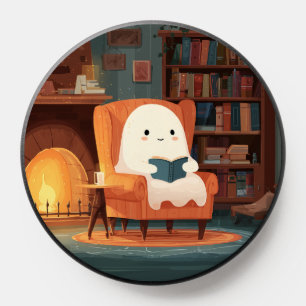 Cute Ghost Reading By A Cozy Fireplace - PopSocket
