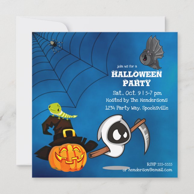 Cute Ghost Reaper and Jack-o-lantern Halloween Invitation (Front)
