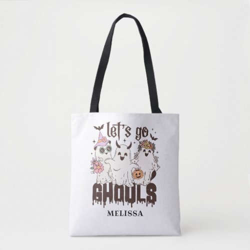 Cute Ghost Retro Halloween Lets Go Ghouls Tote Bag