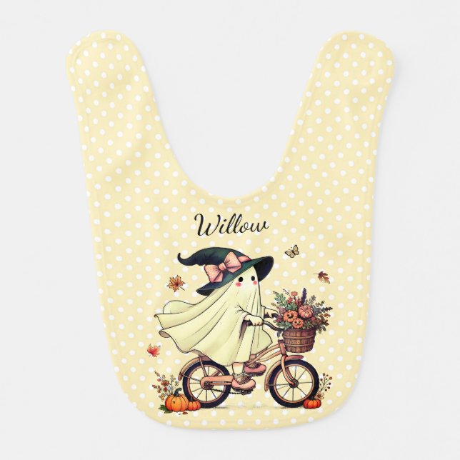 Cute Ghost Riding a Bicycle With Basket of Flowers Baby Bib (Front)
