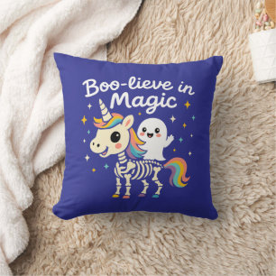 Cute Ghost riding a Unicorn Skeleton Throw Pillow