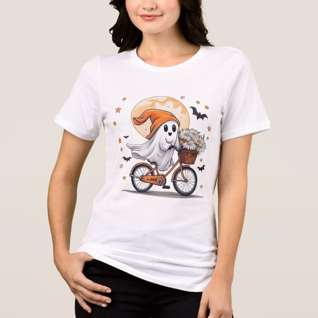  Cute Ghost Riding Bicycle Halloween T-Shirt – Fun Tri-Blend Shirt (Front)