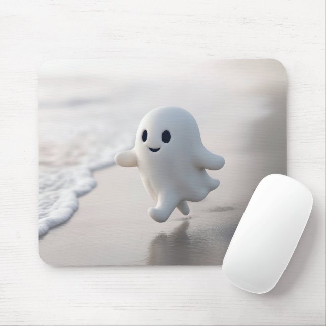 Cute Ghost Running On a Beach Mouse Pad (With Mouse)