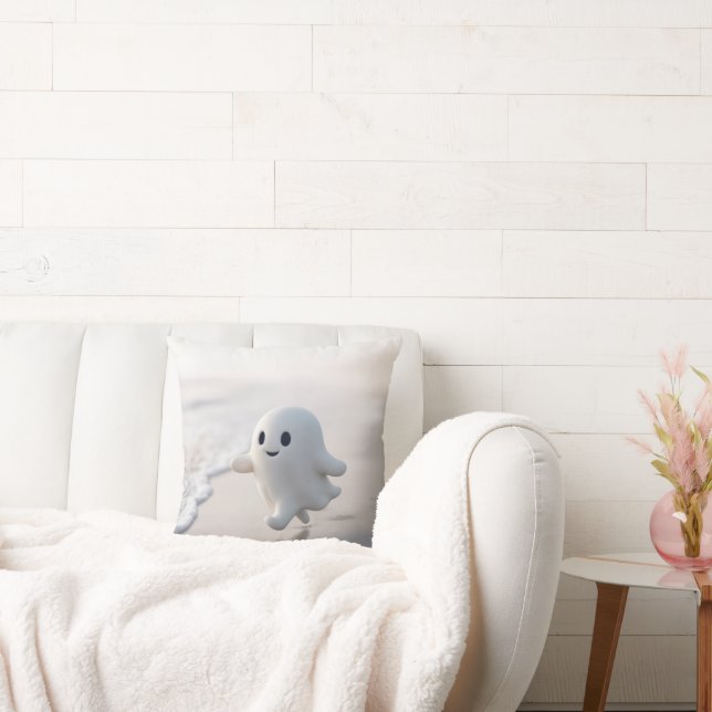 Cute Ghost Running On a Beach Throw Pillow (Couch)