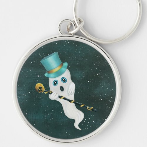 Cute Ghost Silly Face Wearing Top Hat Skull Cane  Keychain