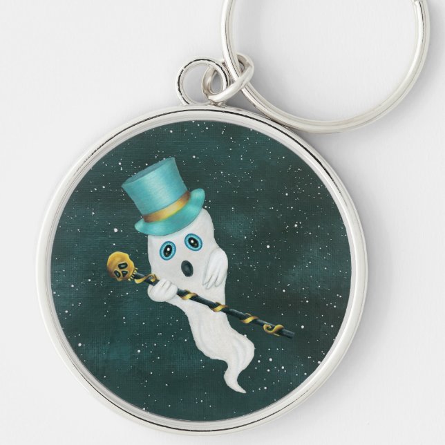 Cute Ghost Silly Face Wearing Top Hat Skull Cane  Keychain (Front)