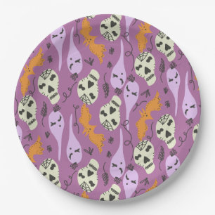 Cute Ghost Skull Bat Halloween Doodles Purple Paper Plates