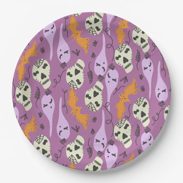 Cute Ghost Skull Bat Halloween Doodles Purple Paper Plates (Front)