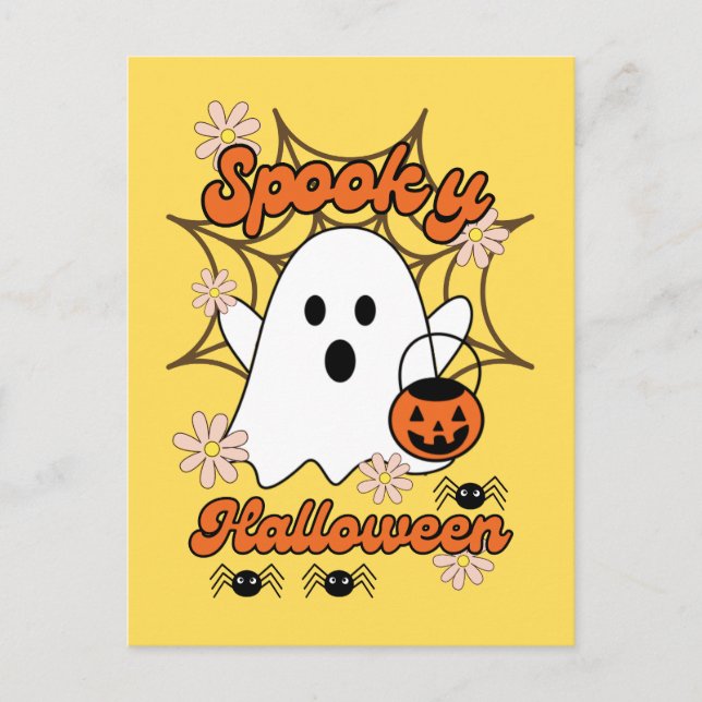 Cute Ghost Spider Web Spooky Halloween  Postcard (Front)
