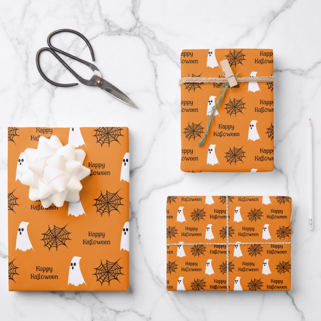 Cute Ghost, Spiderweb & "Happy Halloween" pattern Wrapping Paper Sheets (Front)