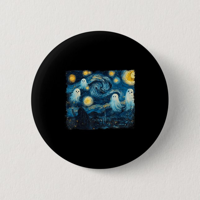 Cute Ghost Starry Night Halloween Soky Retro Van G Button (Front)