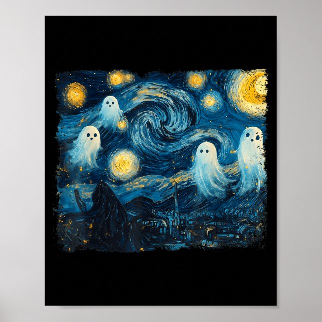 Cute Ghost Starry Night Halloween Soky Retro Van G Poster (Front)