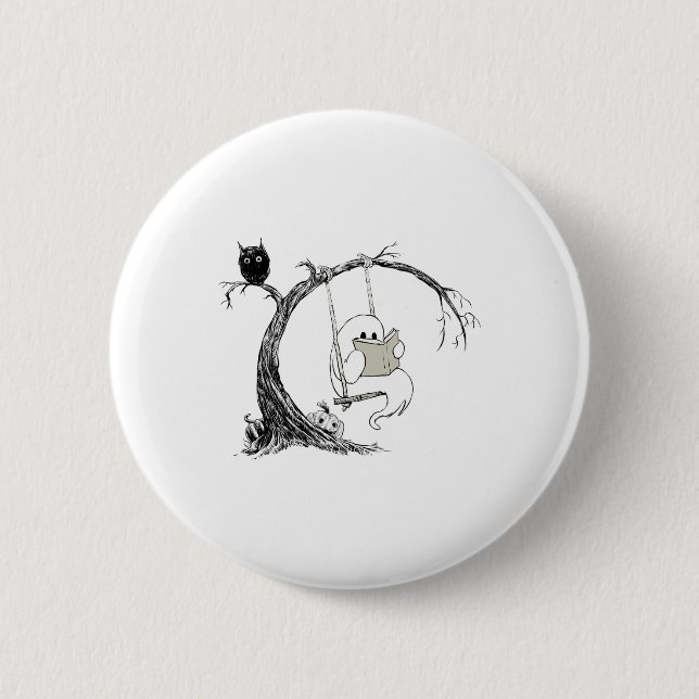 Cute Ghost Swinging Reading Book Halloween Ghost C Button (Front)