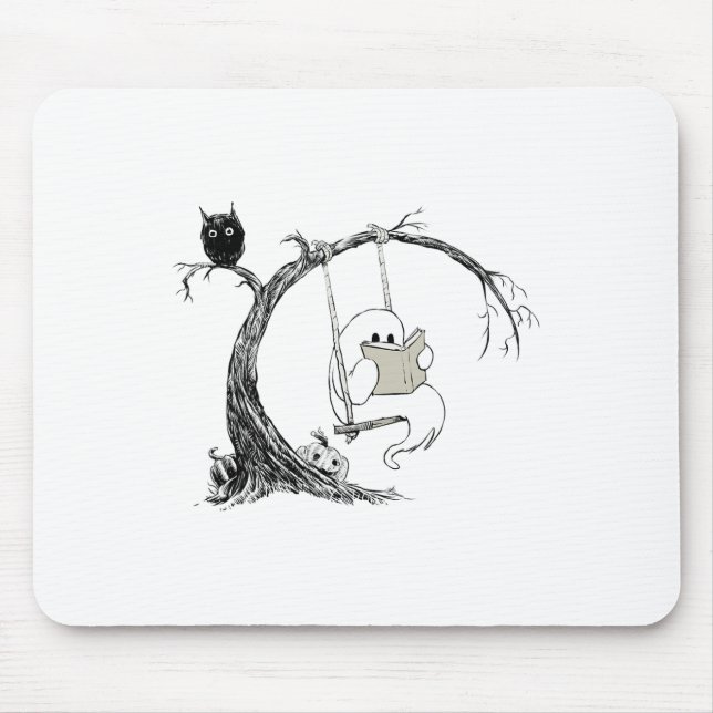 Cute Ghost Swinging Reading Book Halloween Ghost C Mouse Pad (Front)