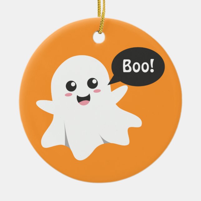 Cute Ghost that Goes Boo, Happy Halloween Ceramic Ornament (Front)