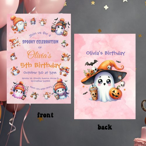 Cute Ghost Theme in Pink Kids Birthday Party Invitation