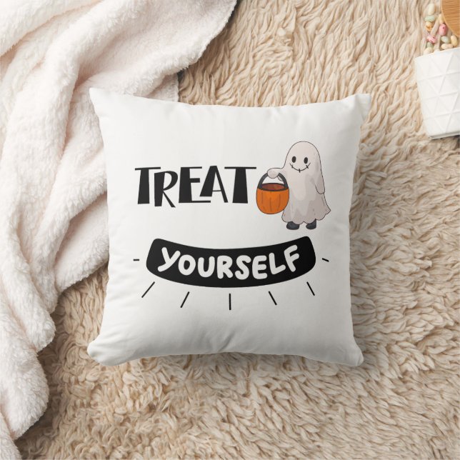 Cute Ghost “Treat Yourself” Pillow Halloween Theme (Blanket)