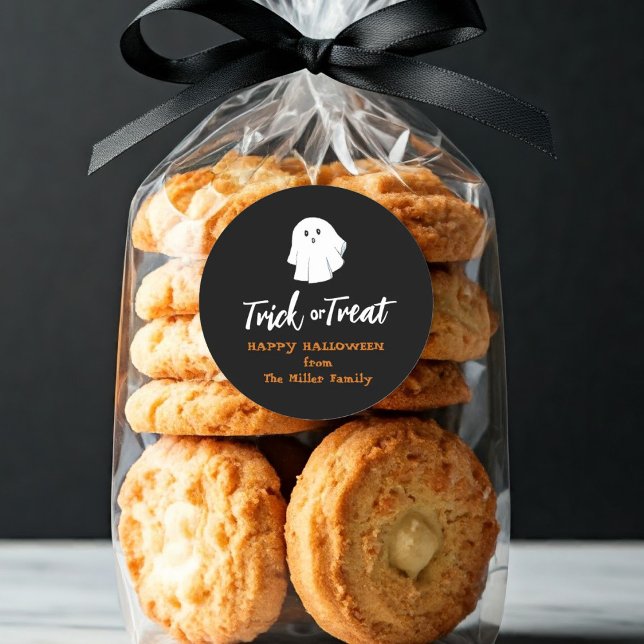 Cute ghost Trick or Treat  Black  Classic Round Sticker (Creator Uploaded)