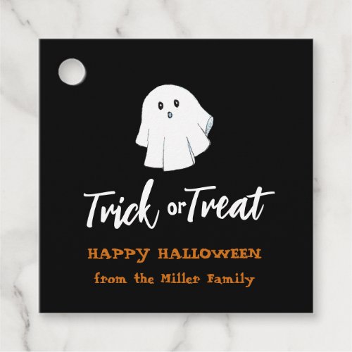 Cute ghost Trick or Treat  Black square Favor tags