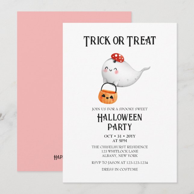 Cute Ghost Trick or Treat Bucket Halloween Party Invitation (Front/Back)