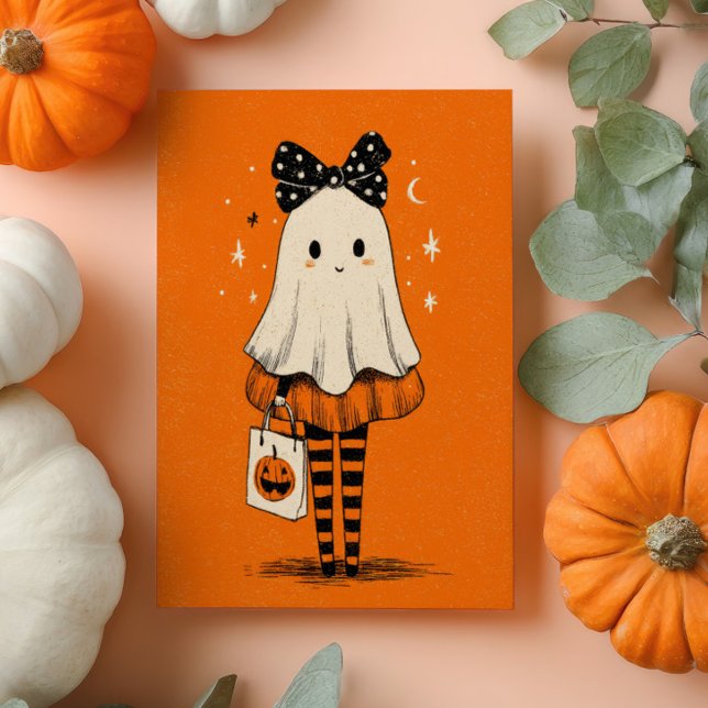 Cute Ghost Trick or Treat Burnt Orange Halloween Card (Creator Uploaded)