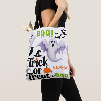 Cute Ghost Trick or Treat Custom Name Halloween Tote Bag