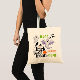 Cute Ghost Trick or Treat Custom Name Halloween Tote Bag