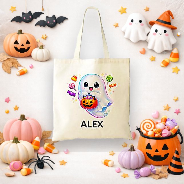 Cute Ghost Trick or Treat White Kawaii Tote Bag (Creator Uploaded)