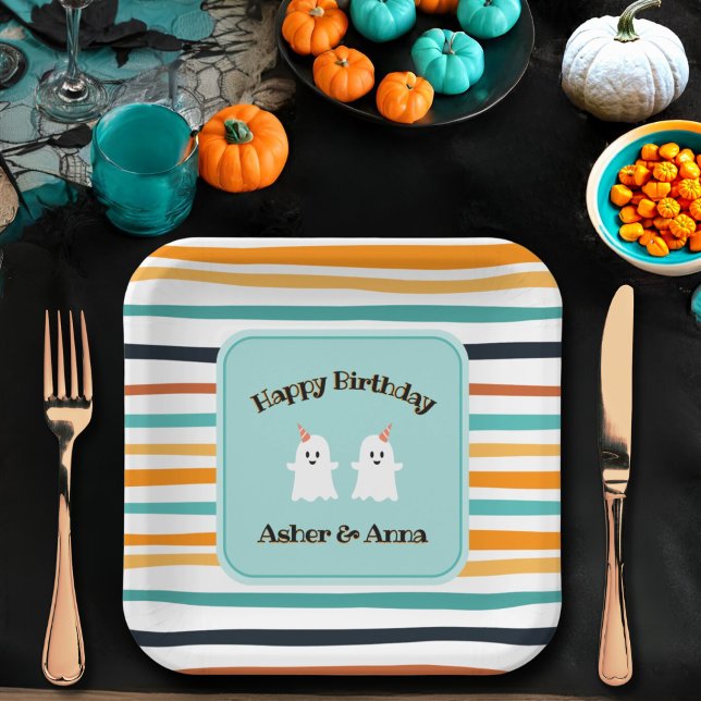 Cute Ghost Twins Halloween Stripe Happy Birthday Paper Plates (Creator Uploaded)