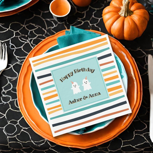 Cute Ghost Twins Stripe Halloween Happy Birthday Napkins (Creator Uploaded)