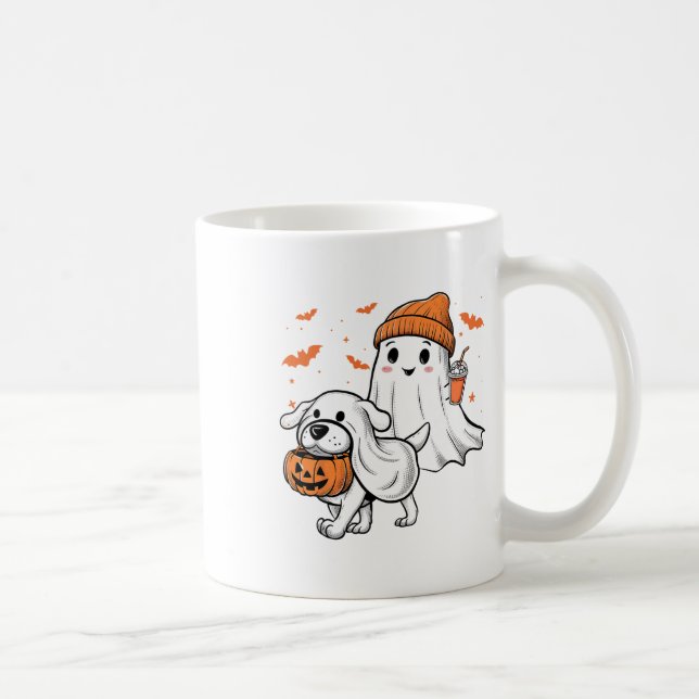Cute Ghost Walking Dog Coquette Bow Halloween Dog  Coffee Mug (Right)