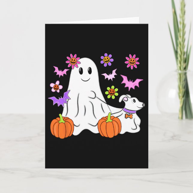 Cute Ghost Walking Dog Floral Pumpkin Pet Lover Ha Card (Front)
