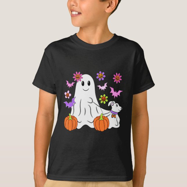 Cute Ghost Walking Dog Floral Pumpkin Pet Lover Ha T-Shirt (Front)