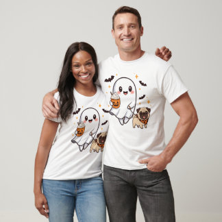 Cute Ghost Walking Dog Pug Coffee Halloween Costum T-Shirt