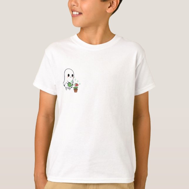 Cute Ghost Watering Flowers Kids T-Shirt (Front)