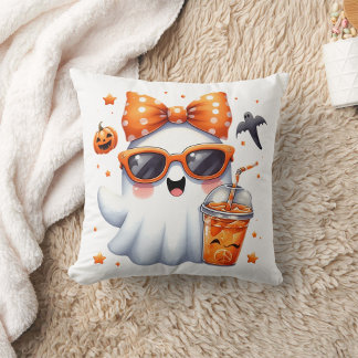 cute ghost wearing orange sunglasses and hair bow throw pillow