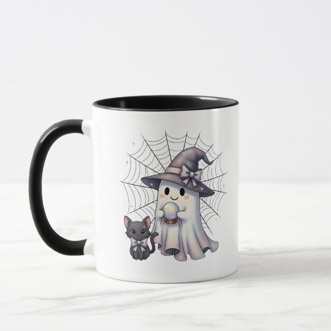 Cute Ghost Witch Black Cat Coquette Halloween Mug (Left)