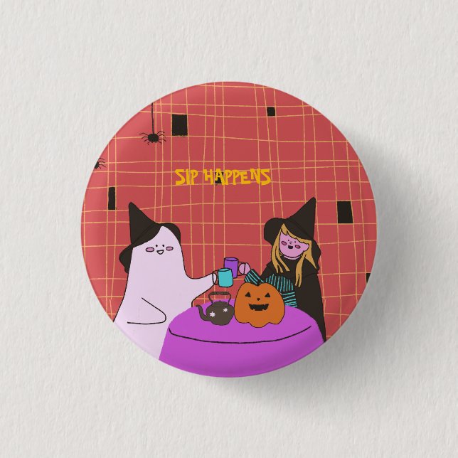 Cute Ghost & Witch Halloween  Button (Front)