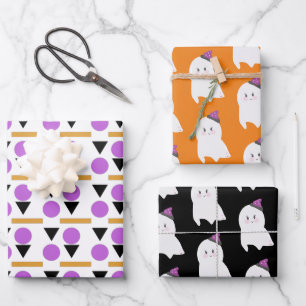 Cute Ghost Witch Hat Halloween Shapes Wrapping Paper Sheets