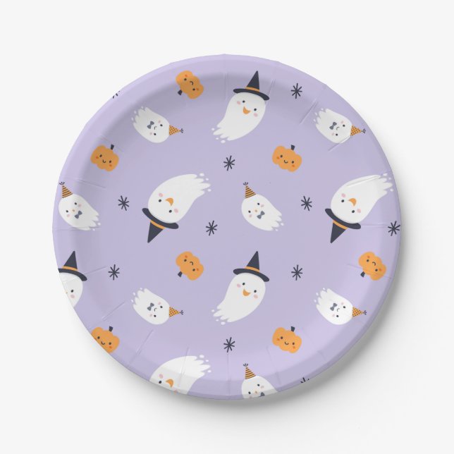 Cute Ghost Witch Hat Pumpkins Purple Party Paper Plates (Front)