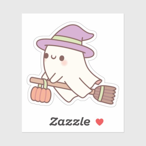 Cute Ghost Witch On Flying Broom Sticker