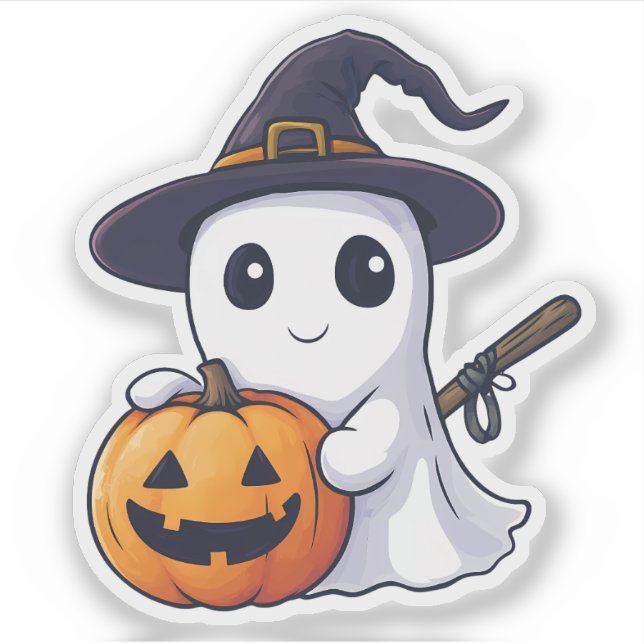 Cute Ghost Witch with Jack-o-Lantern Sticker (Front)