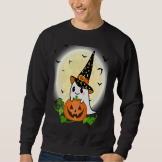 Cute Ghost Witch With Pumpkin and Full Moon Hallow Sweatshirt