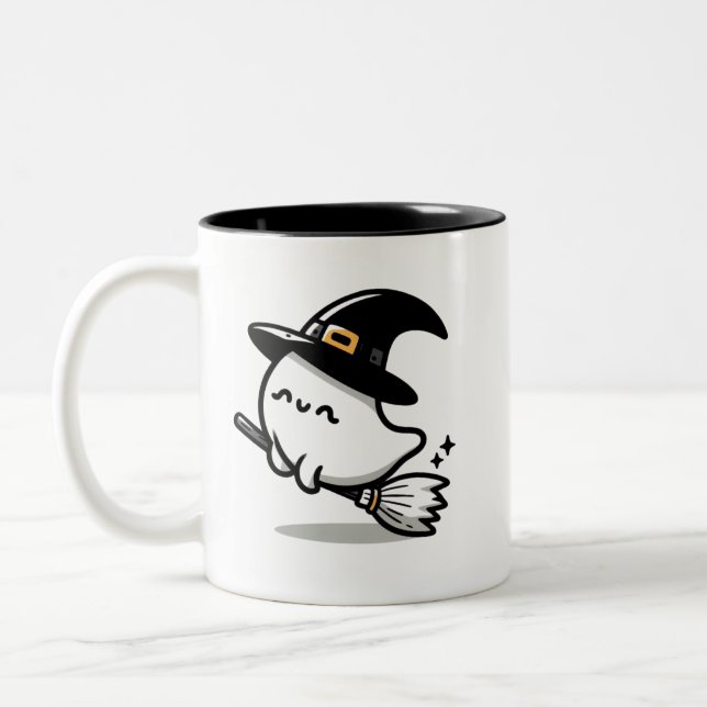 Cute Ghost Witch with Pumpkin & Broom | Two-Sided  Two-Tone Coffee Mug (Left)