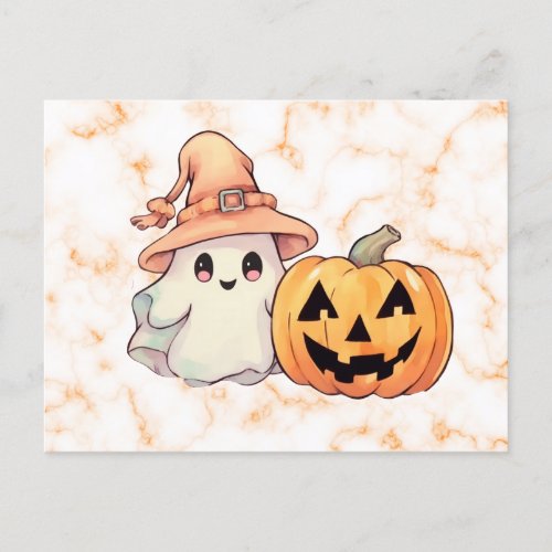 Cute Ghost Witches Hat Orange Marble Halloween Holiday Postcard