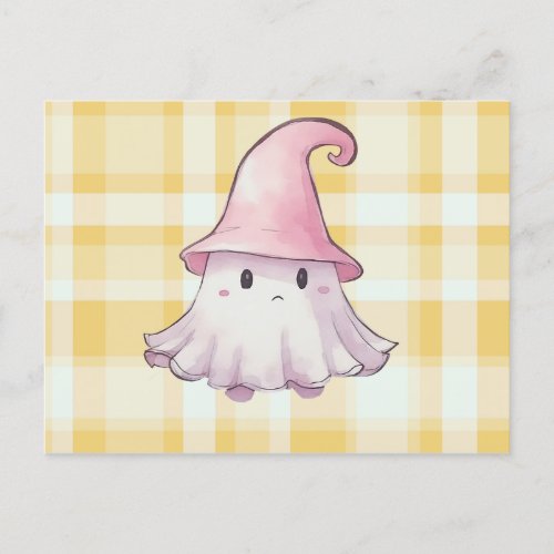 Cute Ghost Witches Hat Orange Plaid Halloween Holiday Postcard