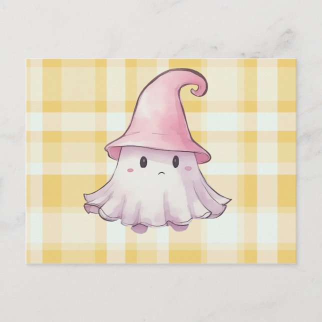 Cute Ghost Witches Hat Orange Plaid Halloween Holiday Postcard (Front)