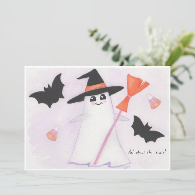 Cute Ghost with bats and candy Card (Standing Front)